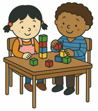 children at table playing with building blocks